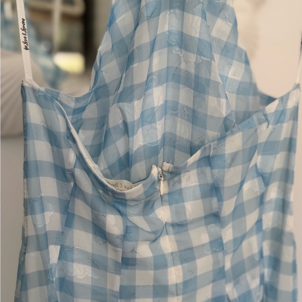 NWT For Love and Lemons Claudette Gingham Midi Dress in Light Blue + White - Picture 10 of 15